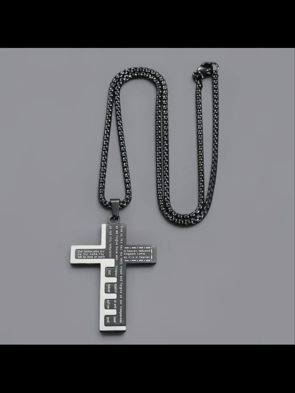 Engraved Cross Pendant Necklace - Black Stainless Steel